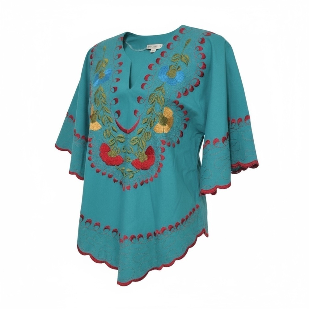 VTG Turquoise Embroidered Floral Mexican Blouse Boho Peasant Top M - Picture 4 of 15